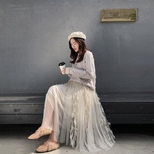 ins超火雾霾蓝纱裙女半身秋冬流苏拼接网纱半身裙a字网红仙女