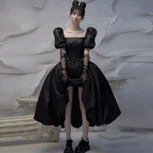 影楼主题拍照服装摄影少女艺术照赫本写真黑色复古婚纱泡泡袖礼服