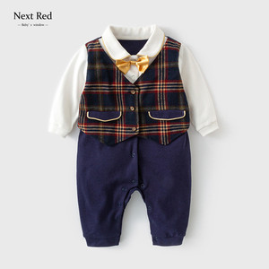 英伦风Next Red男宝绅士长袖爬服春秋新款婴儿连体衣假两件连身衣