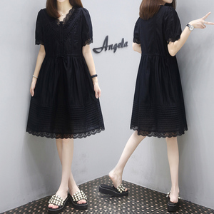 韩版时尚休闲宽松气质黑色v领连衣裙中长款2024夏季新款蕾丝长裙
