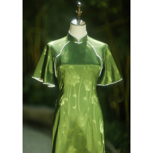 墨绿色民国风旗袍提花缎改良复古素雅倒大袖中国风高级优雅年轻女