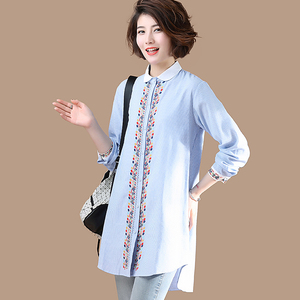 条纹刺绣衬衫女中长款2019春装新款韩版女装上衣宽松大码休闲衬衣