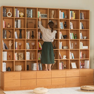 北欧实木书架橡木一体整墙储物展示柜客厅樱桃木满墙落地书柜定制