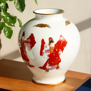 日本进口官窑永乐甜白磁香兰社手绘能乐舞人物观音尊大罐花瓶摆件