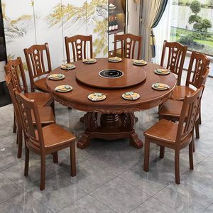 新中式实木圆形餐桌椅组合家用大圆桌带转盘8人10人经济型吃饭桌