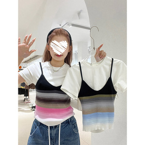 上衣叠穿两件套装夏装女2023年新款时尚吊带背心针织马甲短袖t恤