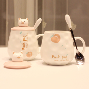马克杯子陶瓷杯家用水杯创意潮流带盖勺可爱小猪少女心早餐杯礼品