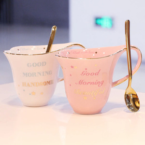 欧式描金心形咖啡杯创意情侣对杯陶瓷马克杯送勺水杯生日结婚礼物