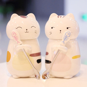 超萌立体动物猫咪可爱陶瓷水杯子情侣创意大容量马克杯带盖咖啡杯