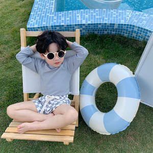夏季韩国男女童长袖泳衣洋气棋盘格泳裤儿童运动休闲泳装速干衣潮