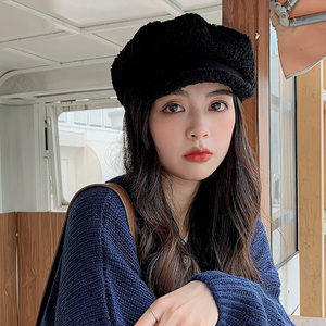 八角帽女士秋冬季韩版时尚潮保暖加绒加厚毛绒海军鸭舌帽贝雷帽子