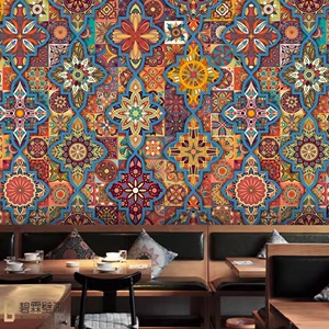 彩色花纹摩洛哥风格墙纸波西米亚复古民族风壁纸餐厅民宿装修墙布