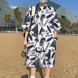 三亚沙滩套装男短袖衬衫夏季海南岛服海滩度假花衬衣男装冰丝一套