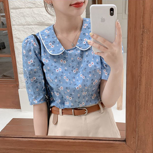 蓝色碎花上衣女小清新娃娃领衫衫显瘦百搭韩版短袖衬衫夏季