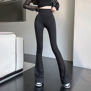 黑色休闲高腰微喇叭西裤裤女春秋紧身显瘦后开叉拉链拖马蹄地裤子