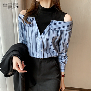 假两件条纹雪纺衬衫女春装2022年新款长袖洋气内搭一字领露肩上衣