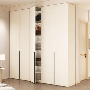 衣柜现代简约奶油白肤感欧松实木生态板卧室家用四五六平开门衣橱