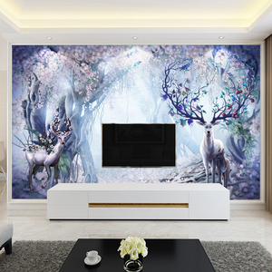 电视背景墙壁纸8d立体现代简约客厅网红5d麋鹿壁画北欧3d影视墙布