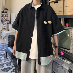 日系原宿风衬衫短袖男ins潮流休闲帅气拼接外套夏季薄款衬衣潮牌