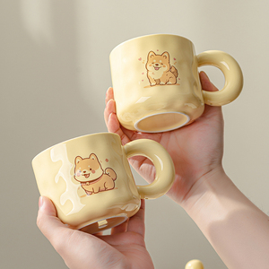 陶瓷杯子可爱创意小狗马克杯带盖咖啡杯情侣闺蜜杯设计感柯基柴犬