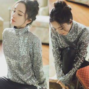 明星杨幂同款银色亮片高领毛衣2021新款修身加绒打底针织衫内搭女