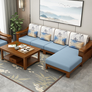 实木中式沙发香樟木沙发客厅组合沙发带贵妃转角沙发布艺