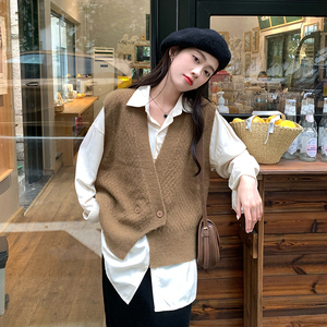 米白色衬衫女春秋法式设计感小众叠穿内搭衬衣配马甲背心盐系上衣