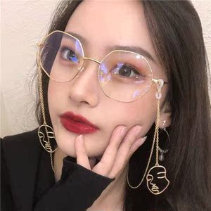 流苏眼镜古风金丝边多边形近视眼镜女韩版复古学生潮流镜框带链条