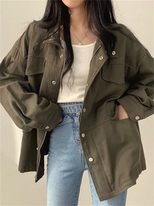 设计感工装风衣女2023秋季韩版小众设计感大衣宽松显瘦军绿色外套