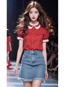 上衣女2024年新款爆今年流行的漂亮红色娃娃领撞色衬衫独特超好看