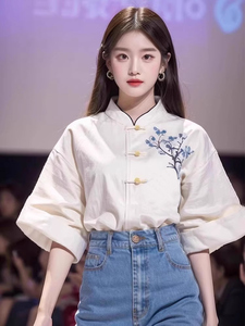 新中式女装2024春款夏季新款改良唐装上衣洋气白色落肩袖印花衬衫