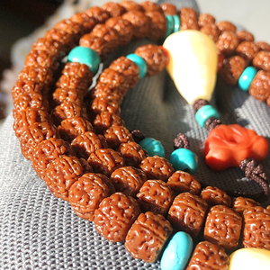 玉化姜黄皮 五瓣双龙爆肉藏式盘龙纹小金刚菩提子108颗佛珠手串链