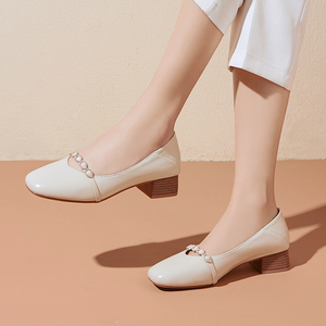 白色皮鞋女真皮中跟女鞋春秋款粗跟方头女士单鞋软底软皮一脚蹬鞋
