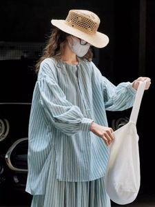 法国Rouje Damas条纹灯笼袖圆领衬衫宽松舒适显瘦亚麻上衣女
