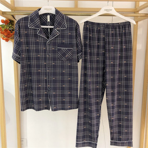 正品村里人睡衣夏季男短袖长裤针织棉格子家居服休闲外穿年轻套装