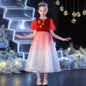 红歌大合唱女童朗诵比赛表演出服装红色中国风主持人指挥儿童礼服