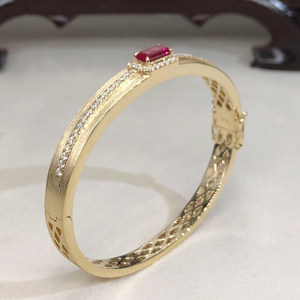 18k黄金天然红宝石手镯au750菱格民族风贵妃女款拉丝白金椭圆定制