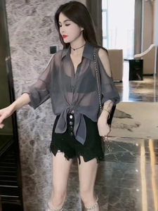 2024夏季韩版时尚设计长袖镂空雪纺防晒衬衫女百搭显瘦高级感上衣