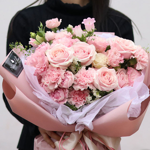 长沙花店全城配送母亲节送长辈生日鲜花粉色康乃馨玫瑰混搭花束