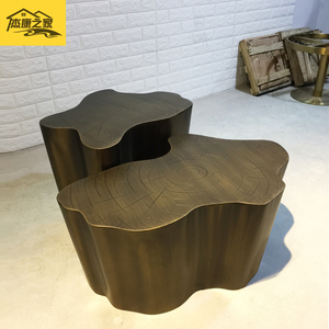 意式极简不锈钢树根茶几咖啡桌小户型组合年轮树墩拉丝青古铜茶台