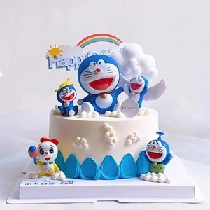卡通蓝色小猫蛋糕装饰摆件蓝猫套装插件儿童生日蛋糕烘焙插件配件