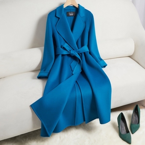 蓝色双面羊绒大衣女长款高档西装领系带2023年新款洋气羊毛呢外套