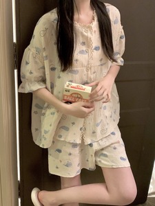 睡衣女夏季短袖短裤韩版甜美蕾丝可爱鲸鱼纯棉纱布家居服两件套装