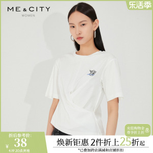 MECITY女装夏季休闲印花图案打褶结构设计短袖圆领T恤518512