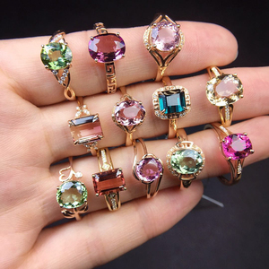 天然巴西红蓝绿彩虹碧玺戒指女18K金玫瑰金镶嵌时尚个性食指宝石