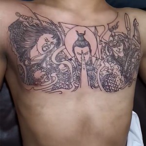 二郎神白起胸甲三面佛纹身贴胸前大图防水男女花臂关公半甲佛祖