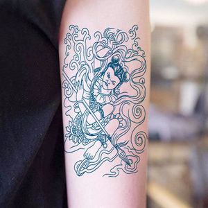 哪咤闹海防水纹身贴男彩色浪花武器女仿真刺青色线条持久花臂半臂