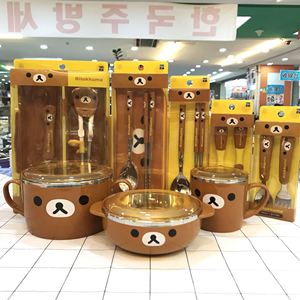 韩国原装进口轻松熊儿童卡通不锈钢勺子练习筷子叉子餐具套装碗