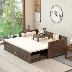 新中式罗汉床小户型卧榻现代推拉伸缩沙发塌老榆实木榫卯组合家具