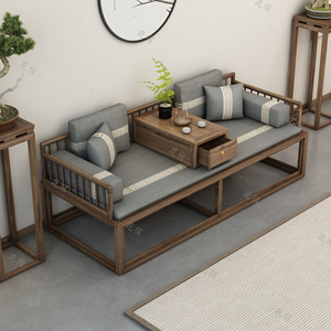 新中式实木推拉罗汉床塌老榆木客厅小户型简约沙发茶桌椅组合家具